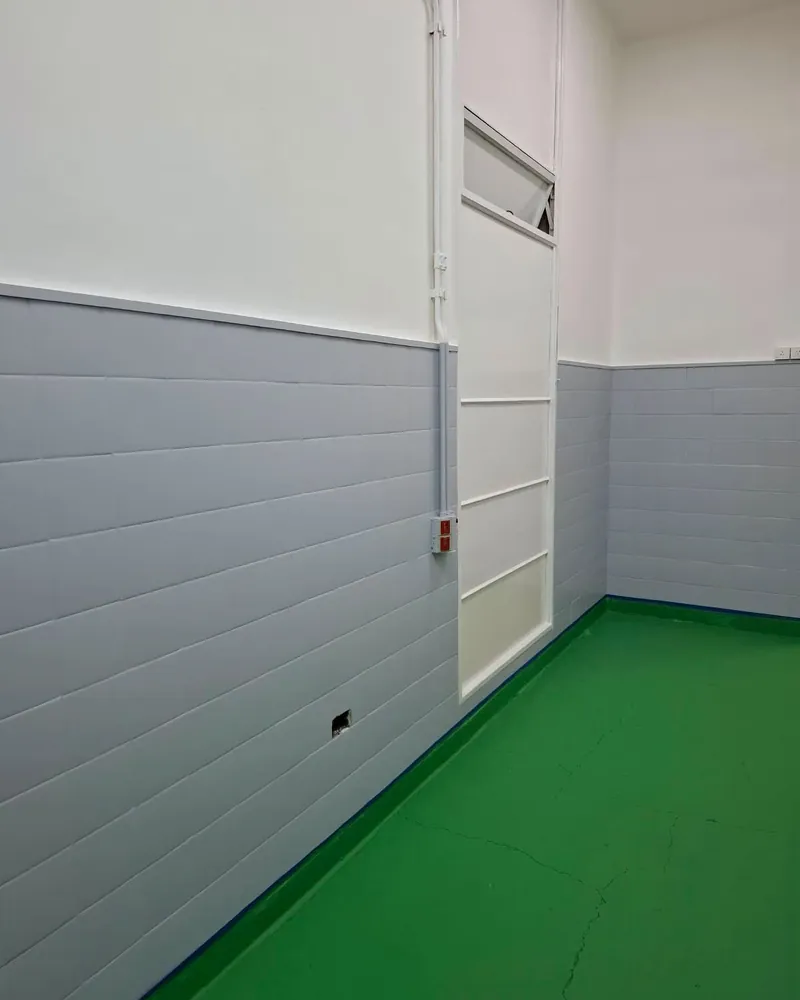 Pared terminada con revestimiento gris y piso verde